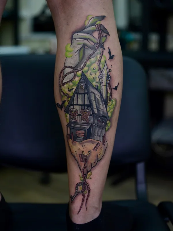 color illustrative tattoo auf calf #53531 | Tätowierer Anny Lorylin