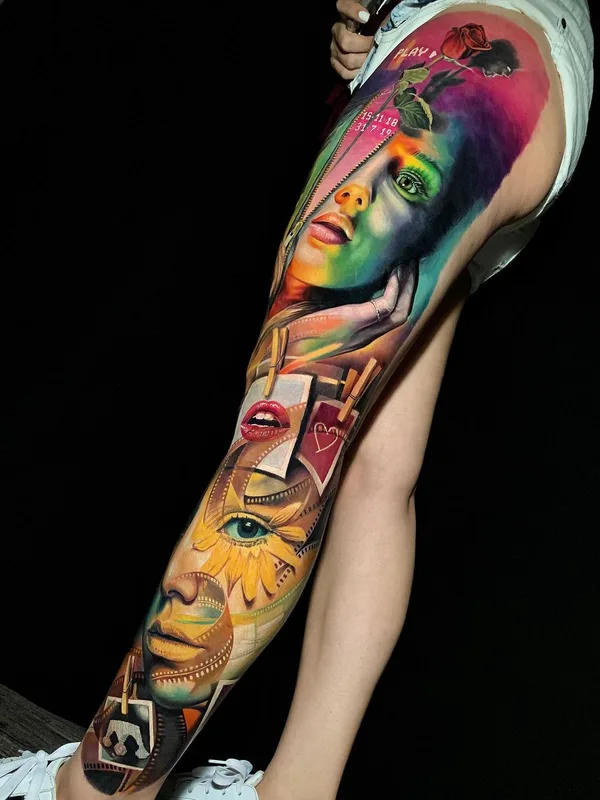 female color realism tattoo on full leg #54220 | Tattoo Artist Allen Brunn