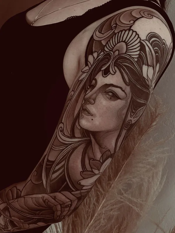 female black and grey black and grey tattoo on full sleeve #54275 | Tattoo Artist Georg Faust