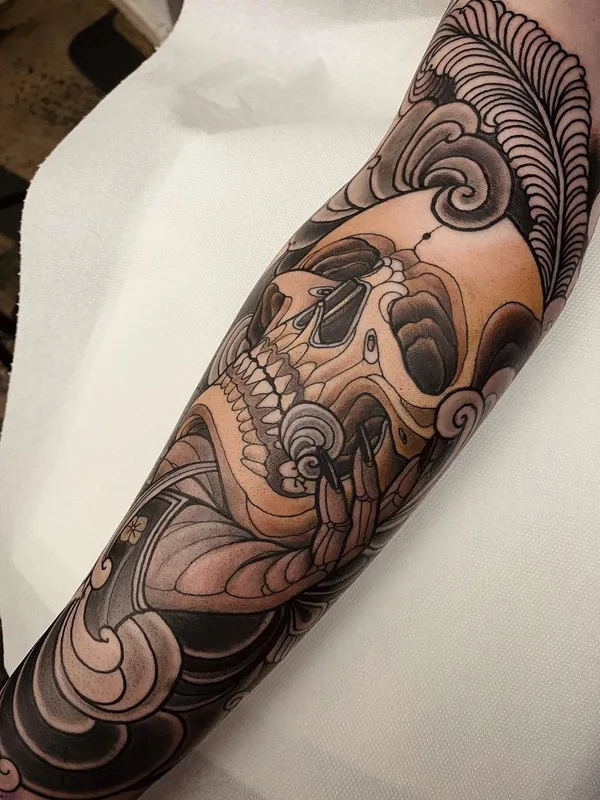 black and grey japanese tattoo on forearm #54280 | Tattoo Artist Georg Faust