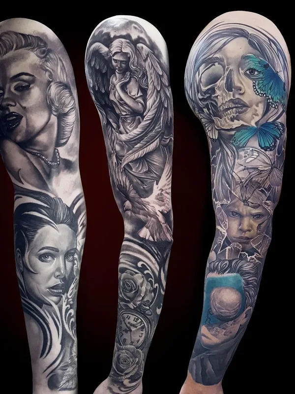 black and grey realism татуировка на full sleeve #54817 | Тату мастер Andrei Aivazian