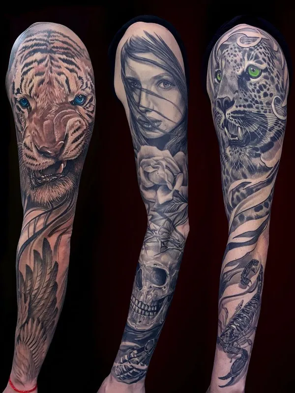 black and grey realism татуировка на full sleeve #54815 | Тату мастер Andrei Aivazian