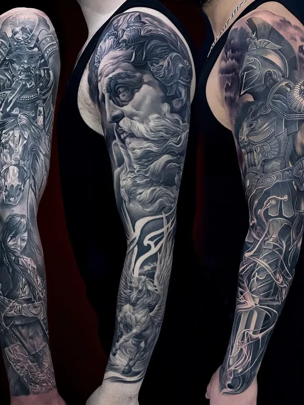 black and grey realism татуировка на full sleeve #54816 | Тату мастер Andrei Aivazian