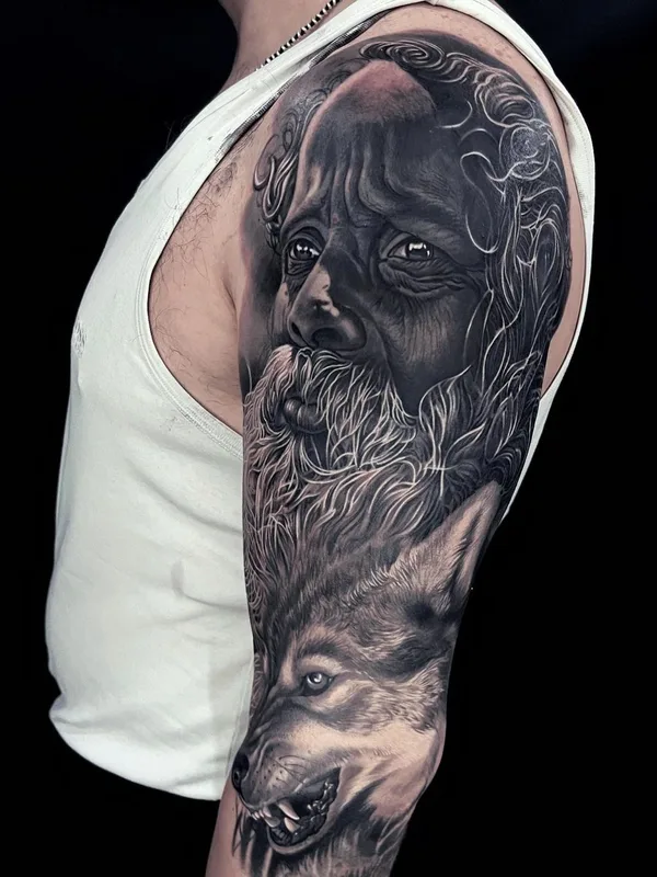 male black and grey realism татуировка на full sleeve #54818 | Тату мастер Andrei Aivazian