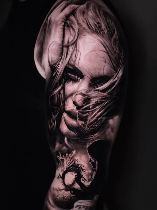 female black and grey realism татуировка на full sleeve #55343 | Тату мастер Антон Мартюшев