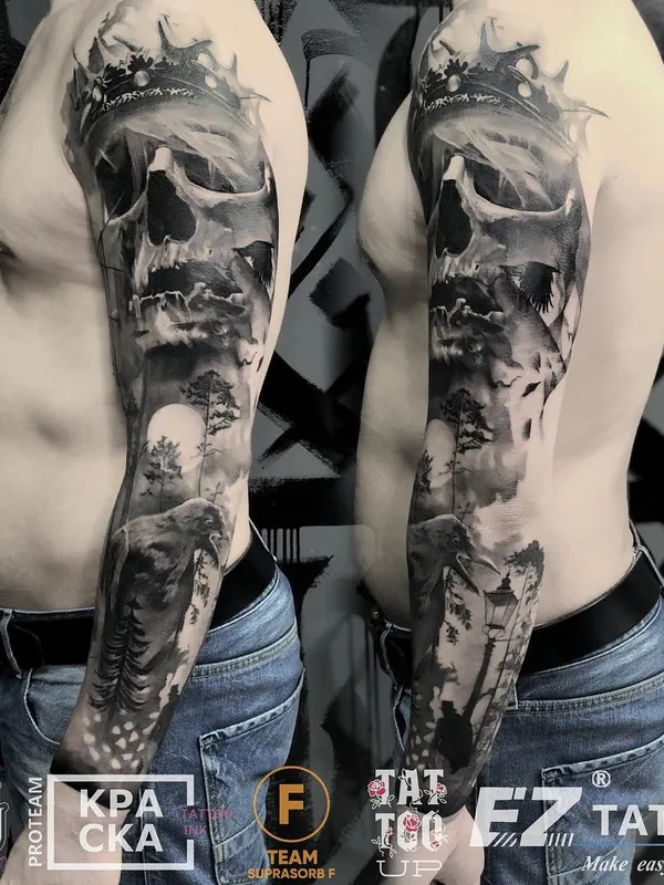 male black and grey realism tattoo on full sleeve #36945 | Tattoo Artist Тимур Юзар