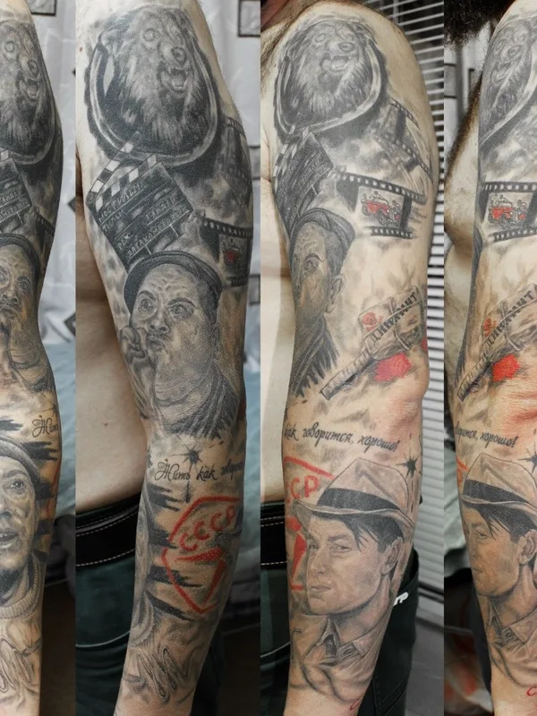 black and grey realism татуировка на full sleeve #58818 | Тату мастер Кузнецов Сергей