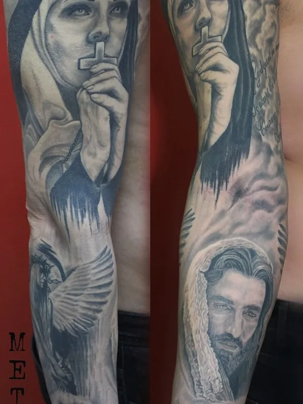 black and grey realism татуировка на full sleeve #58820 | Тату мастер Кузнецов Сергей