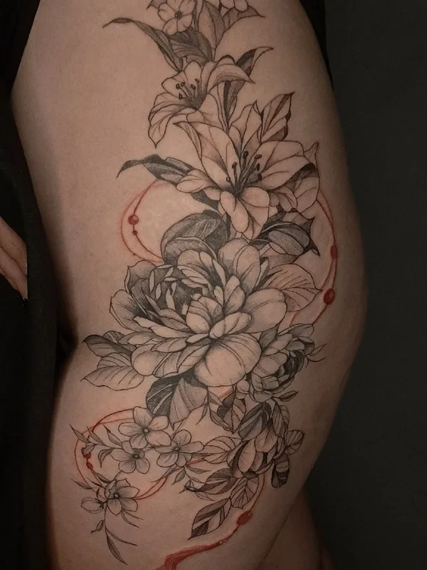 female black and grey botanic татуировка на thigh #73331 | Тату мастер Дмитрий Сергеевич Евстифеев