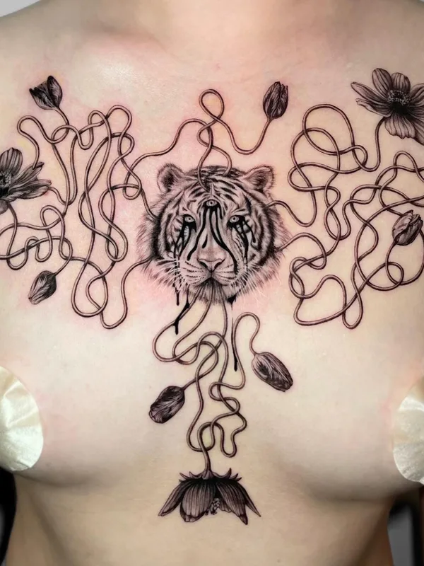 female black and grey blackwork Tatuagem em chest #59567 | Tatuador Poesis