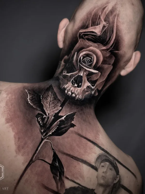 black and grey realism tatouage sur back of neck #59579 | Artiste tatoueur Jack Galan Art