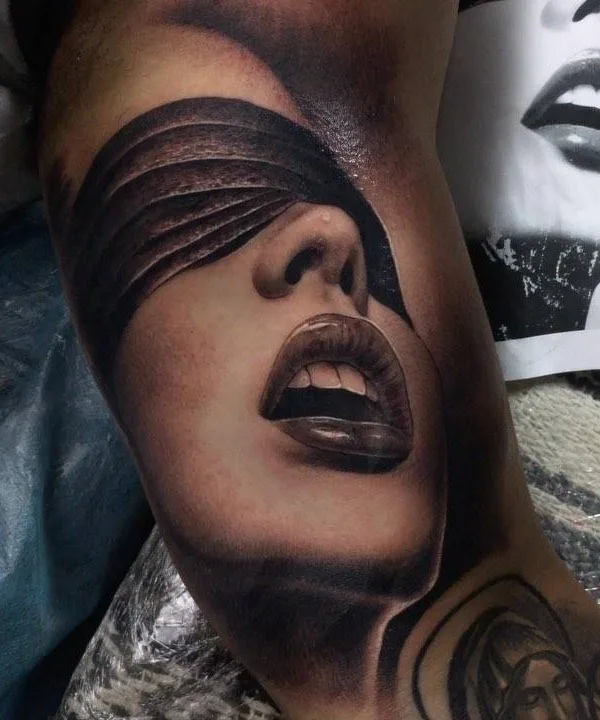 female black and grey realism tattoo auf upper arm #27936 | Tätowierer Fred Thomas