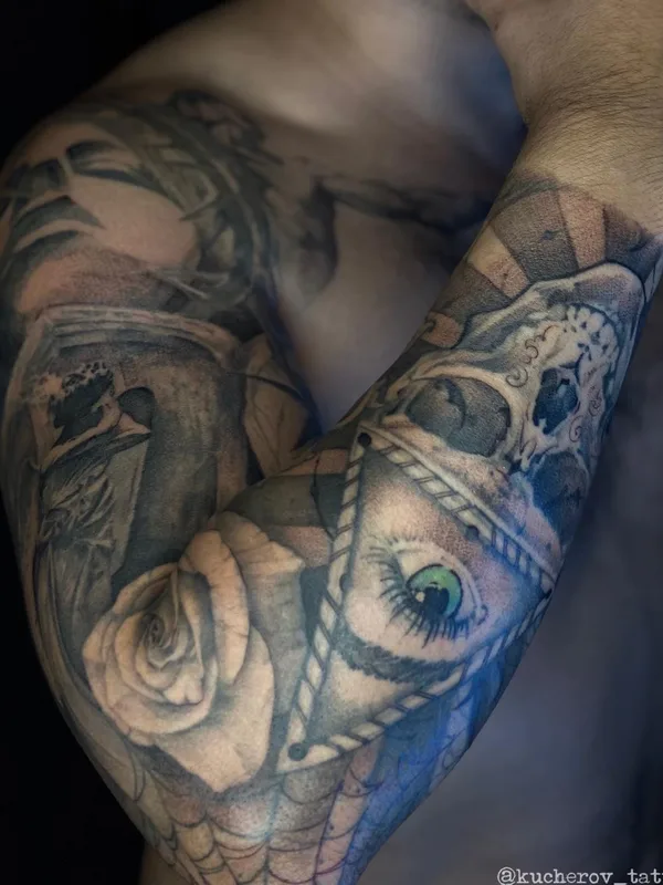 black and grey realism татуировка на full sleeve #50394 | Тату мастер Андрей Кучеров