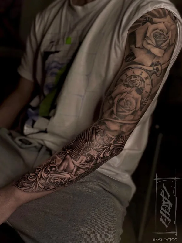 male black and grey realism 타투 부위 full sleeve #50412 | 타투이스트 Антон Каменских