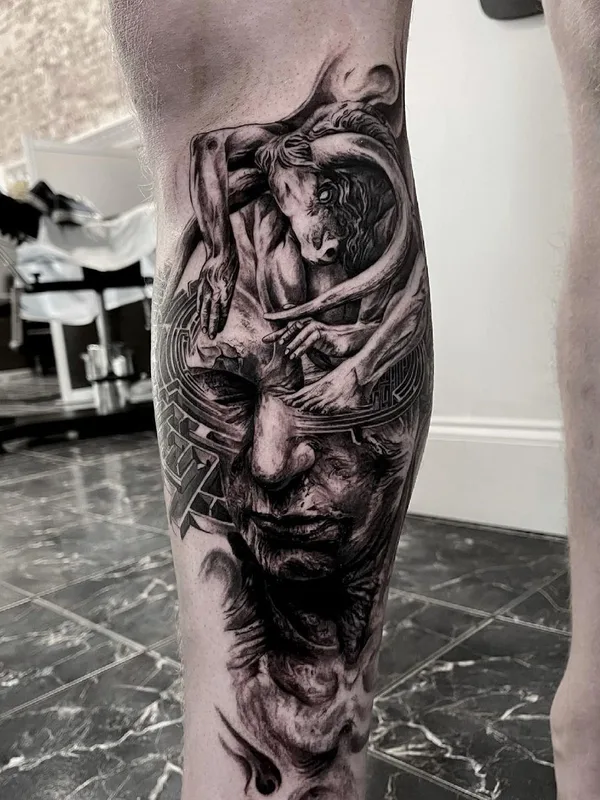 black and grey realism татуировка на calf #50444 | Тату мастер Tony Mancia