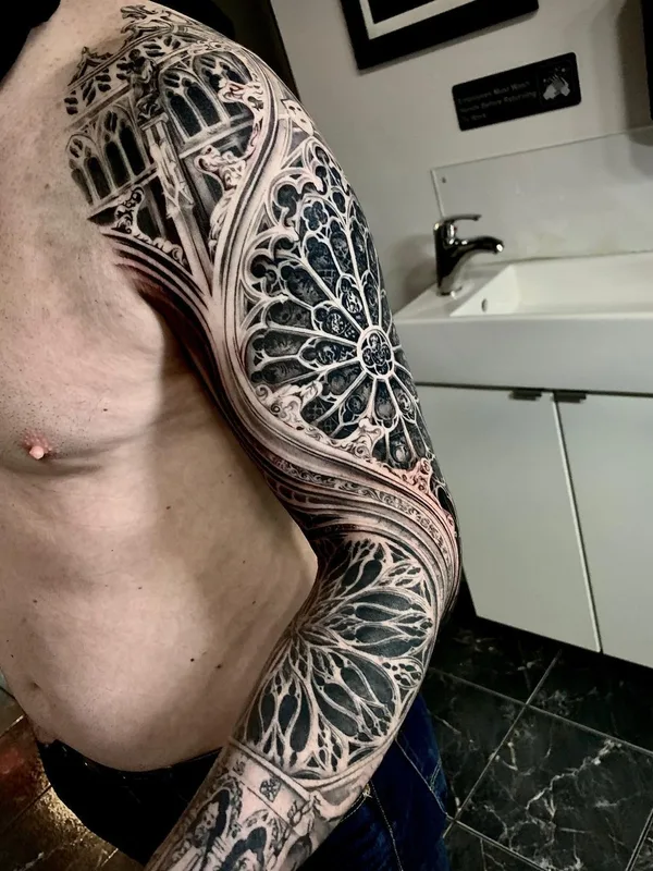 male black and grey blackwork татуировка на full sleeve #50441 | Тату мастер Tony Mancia