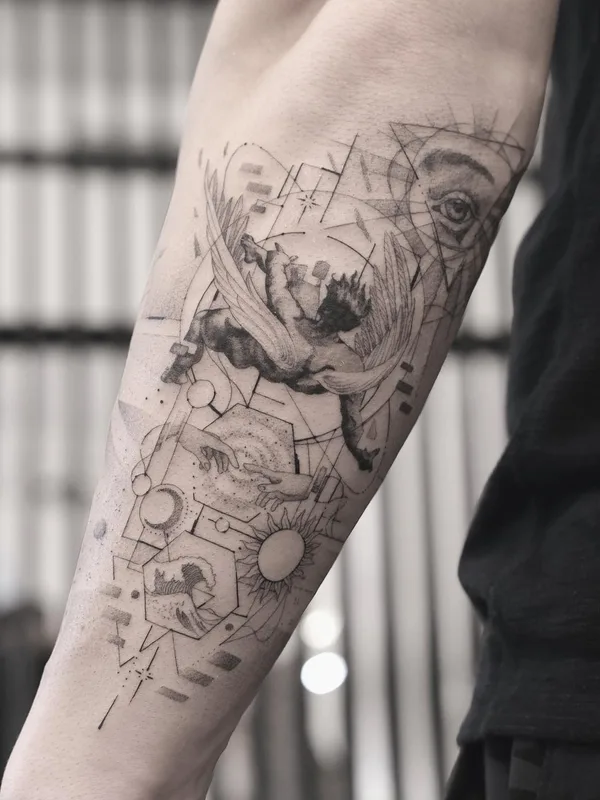 black and grey geometric Tatuagem em forearm #52988 | Tatuador Миша Нечаев