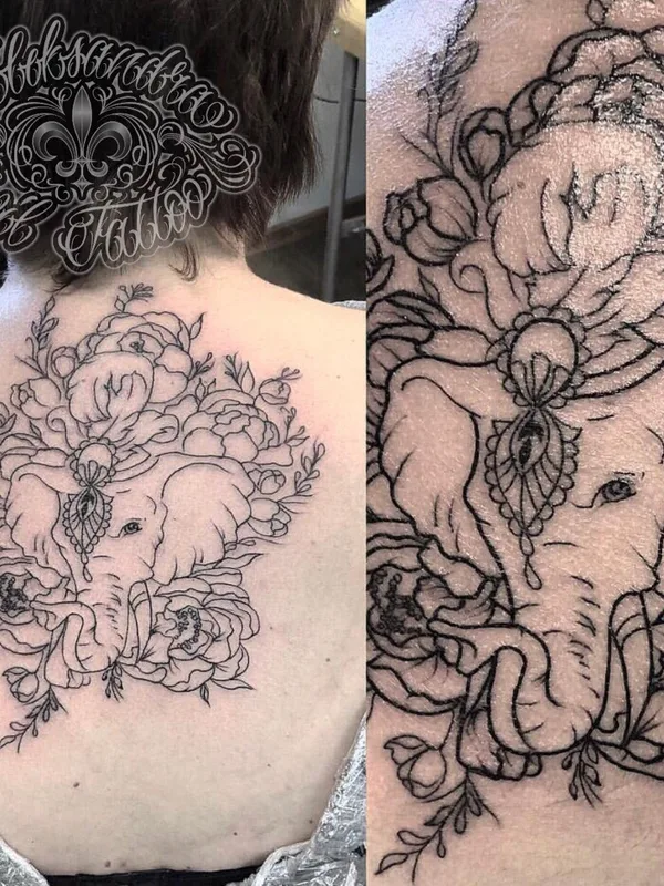 female black linework татуировка на upper back #30379 | Тату мастер Rydakova Alexandra