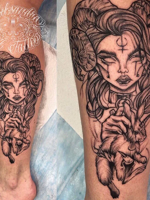 female black and grey blackwork татуировка на calf #30386 | Тату мастер Rydakova Alexandra