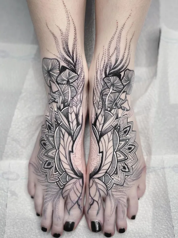 female black and grey blackwork tatouage sur foot #40027 | Artiste tatoueur Jessica Svartvit