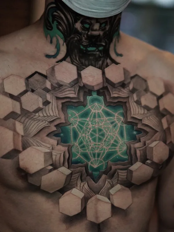 male color geometric tattoo on chest #40031 | Tattoo Artist Jesse Rix