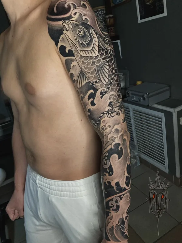 male black and grey japanese татуировка на full sleeve #70527 | Тату мастер Виталий Канащенков