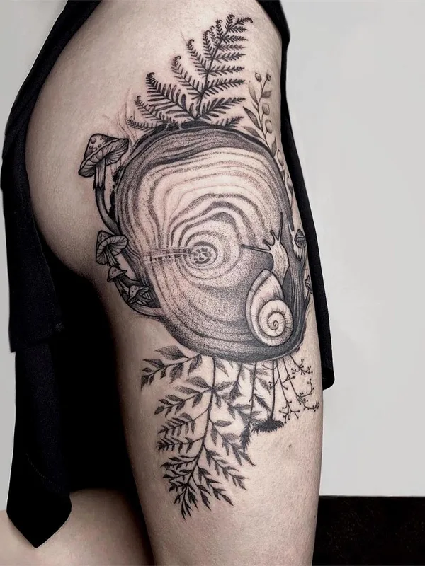 black and grey blackwork татуировка на thigh #56012 | Тату мастер Lera Welary