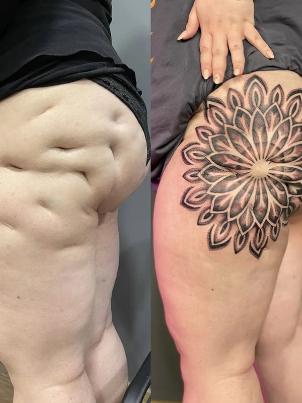female black and grey mandala татуировка на thigh #58835 | Тату мастер Дмитрий Палкин