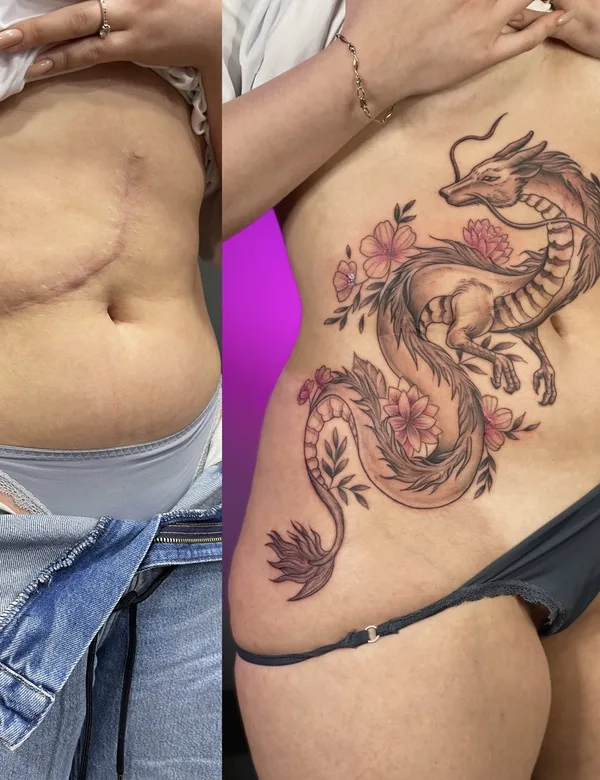 female black and grey japanese татуировка на stomach #58838 | Тату мастер Дмитрий Палкин