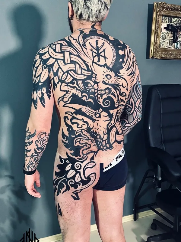 male black blackwork Tatuaggio su full back #73341 | Tatuatore Никита Степаненко VikingTotem
