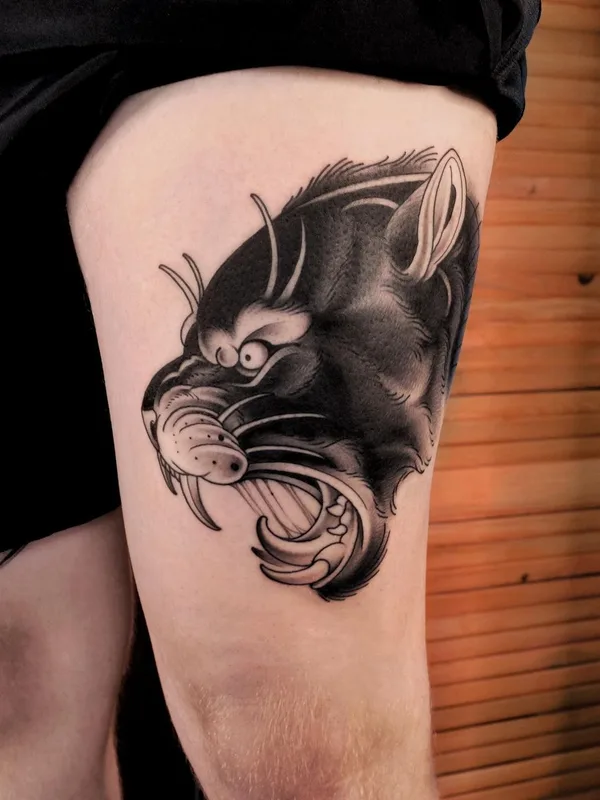 black and grey black and grey татуировка на thigh #44630 | Тату мастер Andrew Davidov
