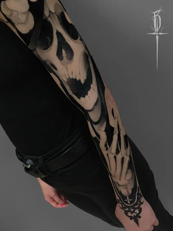 black and grey black and grey Tatuagem em full sleeve #44650 | Tatuador Денис Бедринский