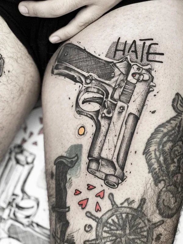 black and grey black and grey tattoo auf thigh #46613 | Tätowierer Conio