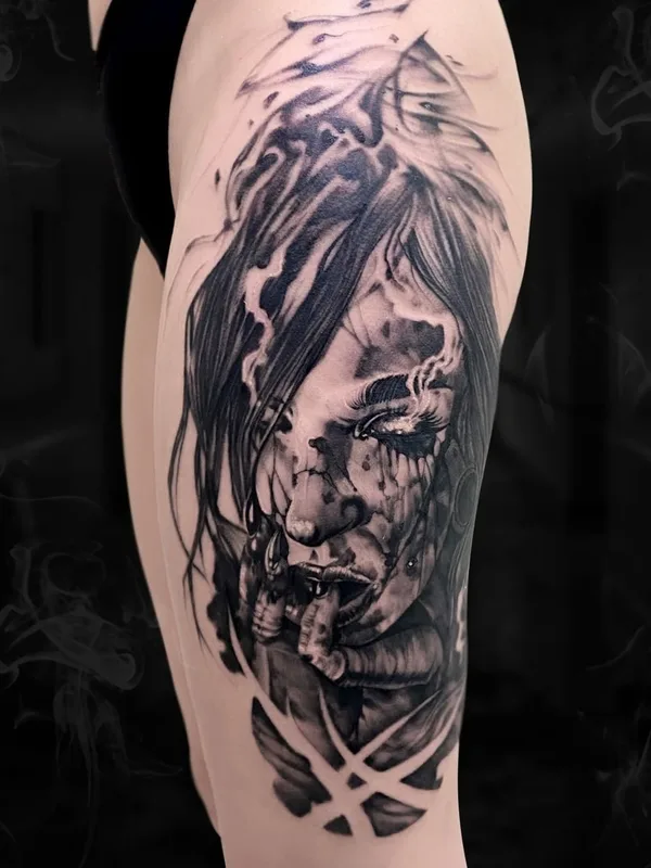 female black and grey realism Tatuagem em thigh #50550 | Tatuador Миша Макеев