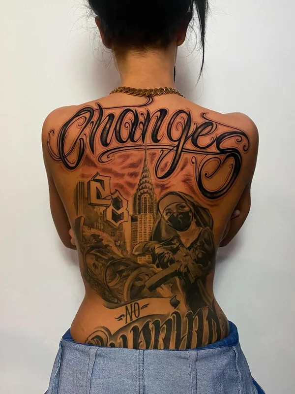 female black and grey chicano 타투 부위 full back #50555 | 타투이스트 Артем Есипов