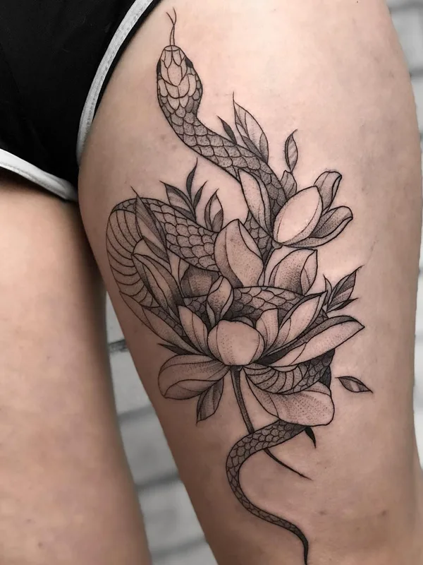 black and grey linework 타투 부위 thigh #50615 | 타투이스트 Костя Камбуров