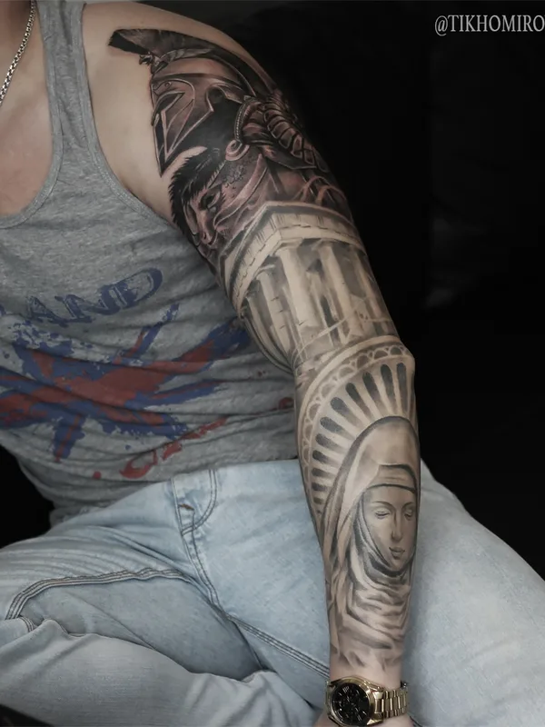 male black and grey realism Tatuaggio su full sleeve #64272 | Tatuatore Андрей Тихомиров