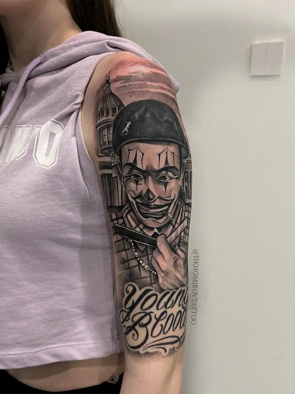 female black and grey chicano Tatuaggio su full sleeve #64280 | Tatuatore Андрей Тихомиров