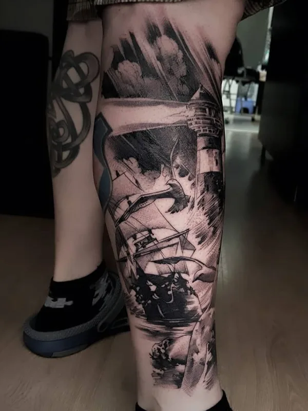 black and grey black and grey tattoo auf calf #35440 | Tätowierer Skinlab tattoo Praha - Mirek