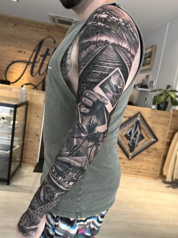 male black and grey realism tatuaje en full sleeve #66223 | Tatuador Dylan Weber