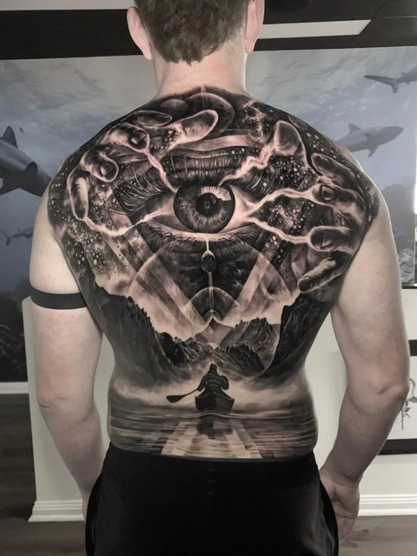 black and grey realism tatuaje en full back #66217 | Tatuador Dylan Weber
