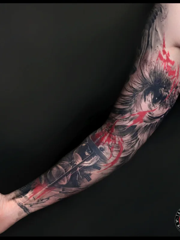 male blackandgrey trashpolka tattoo on sleeve #66282 | Tattoo Artist Михаил Строгий
