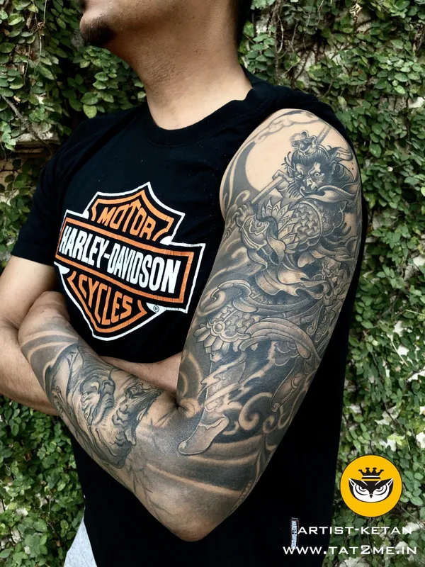 male black and grey japanese татуировка на full sleeve #54341 | Тату мастер ketan vaidya