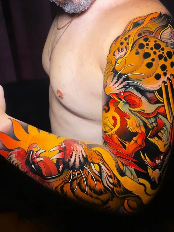 men color neotraditional татуировка на full sleeve #40068 | Тату мастер Juan David Rendón