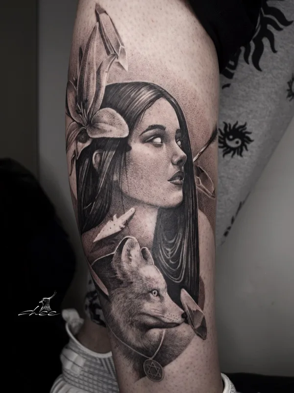 female black and grey realism tatouage sur thigh #70593 | Artiste tatoueur chee.tattoo