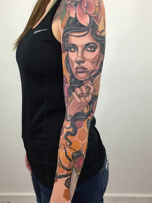 female color neo traditional tattoo on full sleeve #31657 | Tattoo Artist Dan Pemble