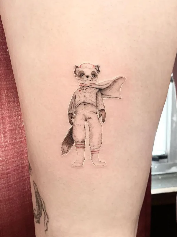 black and grey illustrative tattoo on thigh #41792 | Tattoo Artist Hernan Giamberardino