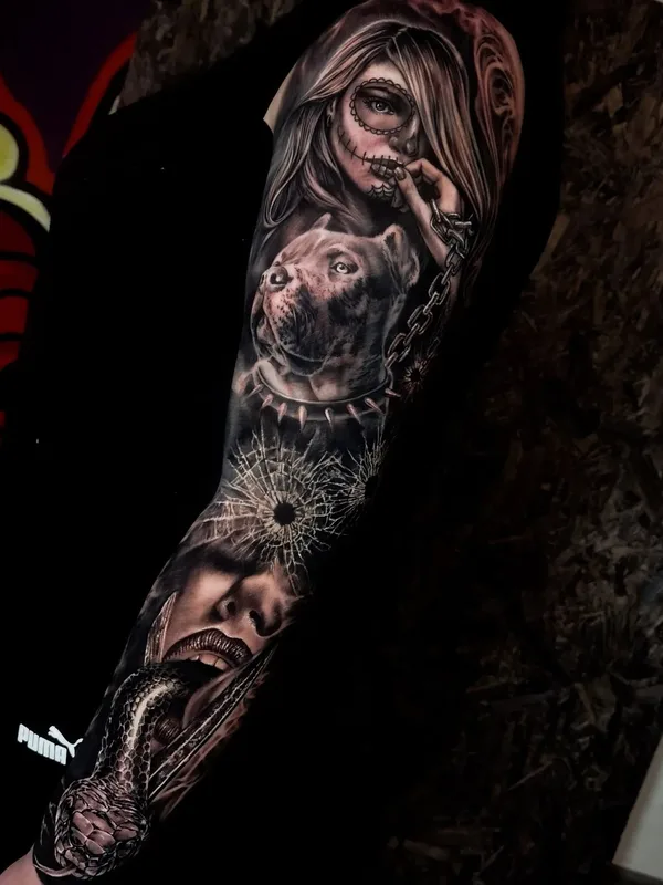 black and grey realism tatouage sur full sleeve #61290 | Artiste tatoueur Дарина Погребиская