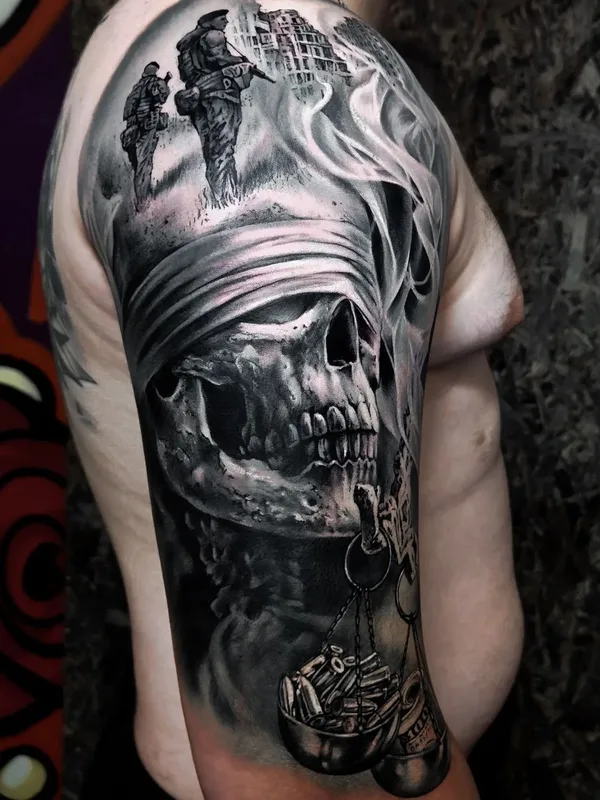 male black and grey realism tatouage sur full sleeve #61293 | Artiste tatoueur Дарина Погребиская