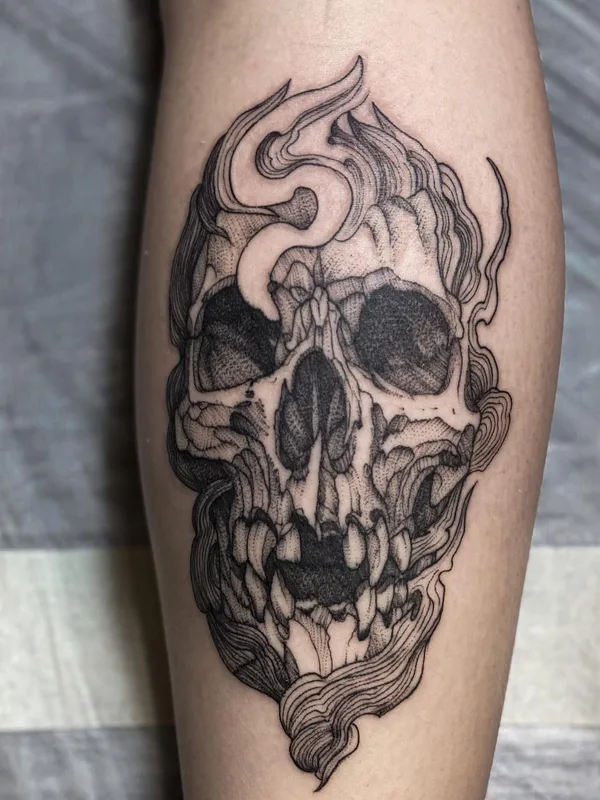 black and grey blackwork Tatuaggio su calf #50836 | Tatuatore Александр Уколов